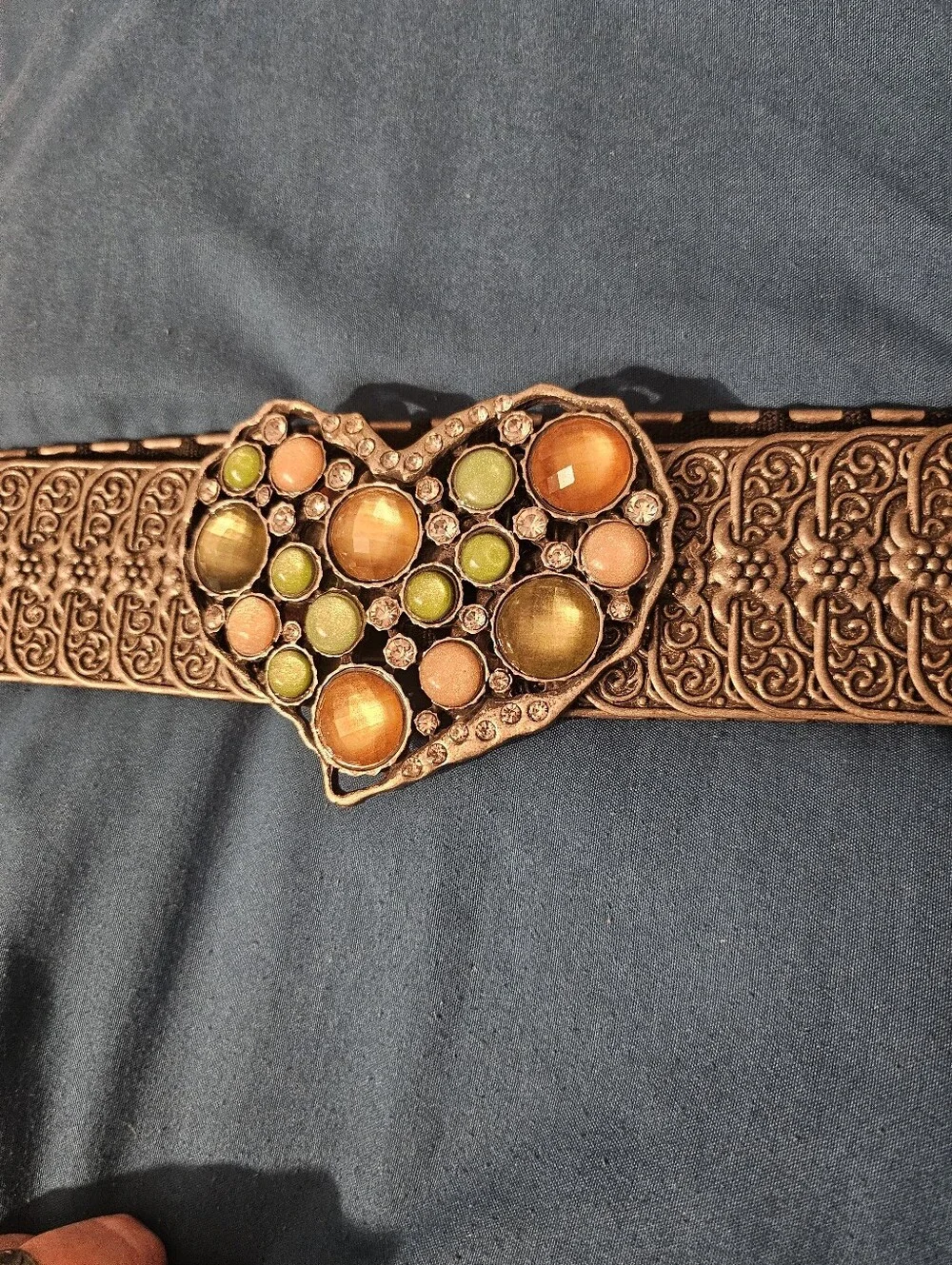Vintage 80's Pewter Tone Emboss Stretch Fishscale Belt Jewel Buckle Boho